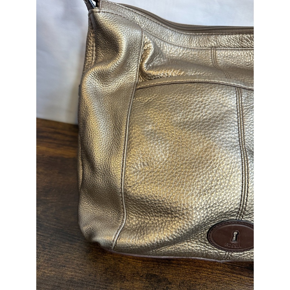 Fossil Metallic Bronze Pebbled Leather Utility Crossbody Bag Multi Pocket Large - Picture 15 of 16